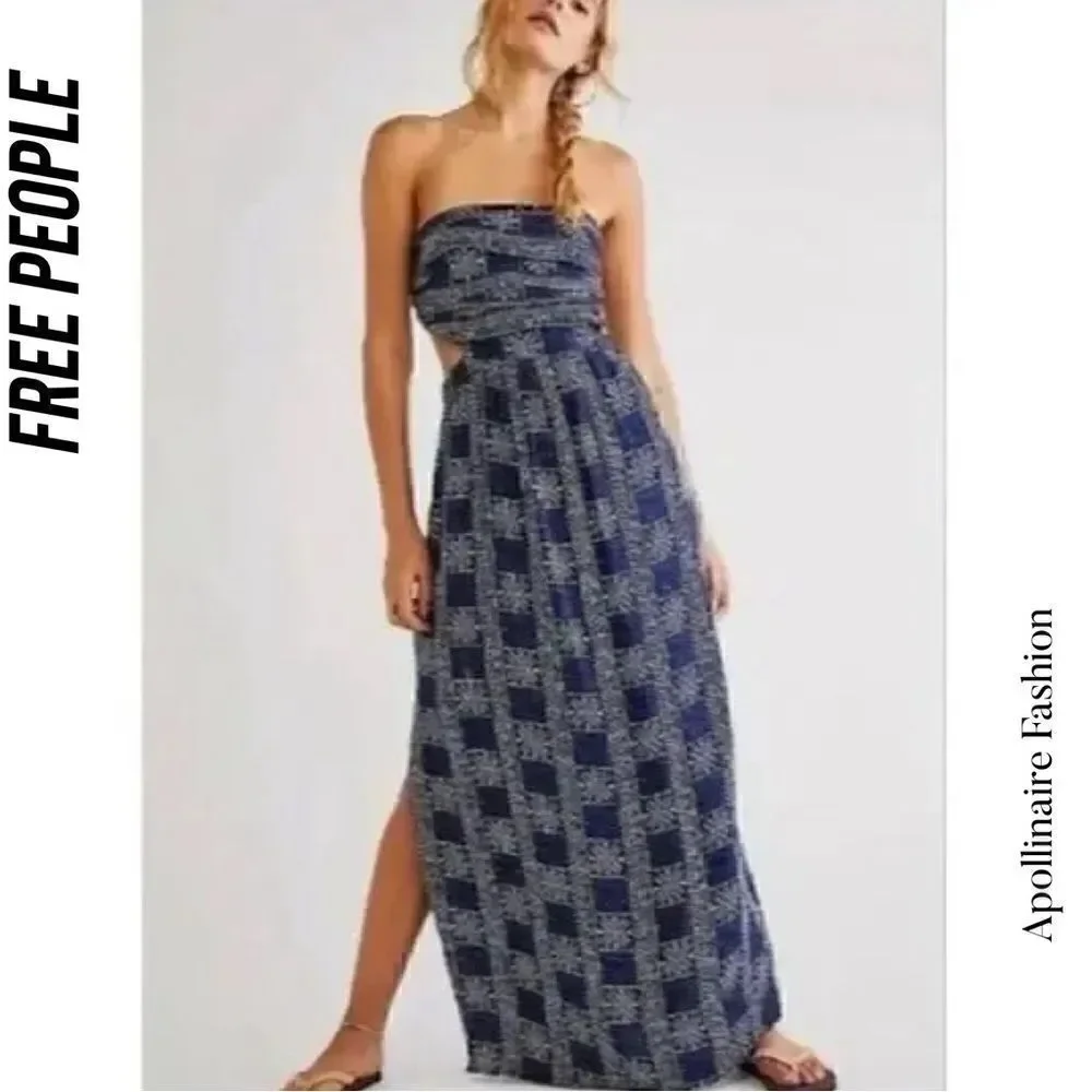 FREE PEOPLE PEYTON MAXI DRESS SIDE SLITS IN NAVY COMBO NWOT LARGE